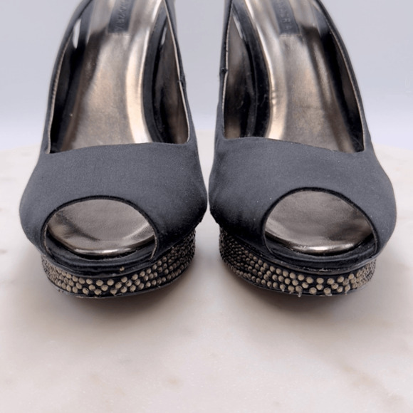 BCBGMAXAZRIA Falcon Black Satin Rhinestone Heels 8.5 Peep Toe Holiday Party - Picture 11 of 13